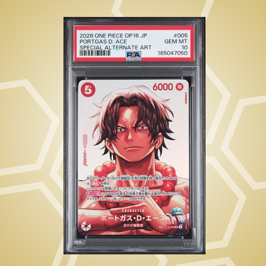 2026 One Piece Japanese Op16-The Time Of Battle #005 Portgas D. Ace Special Alternate Art – PSA 10